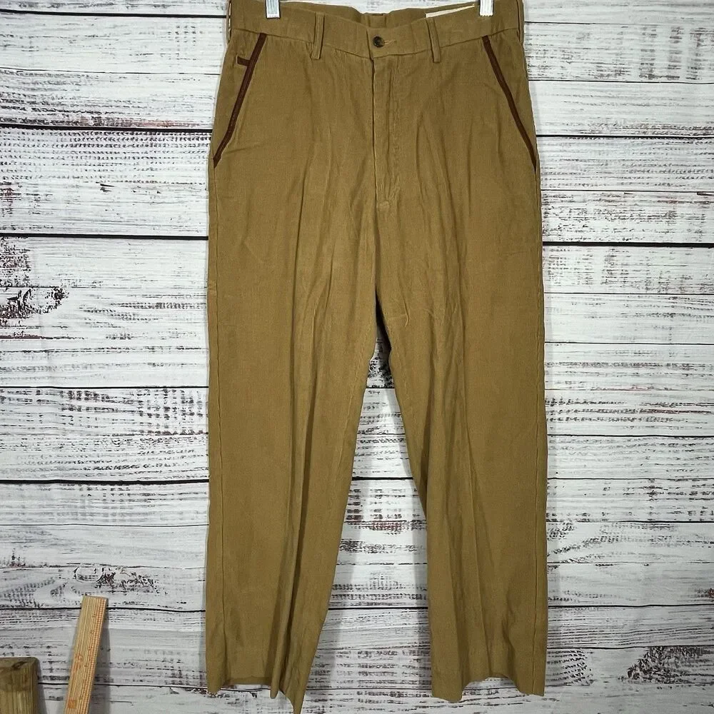 Orvis Corduroy Pants Men's 32 Flat Front Tan Khaki Leather Trim Pockets flap